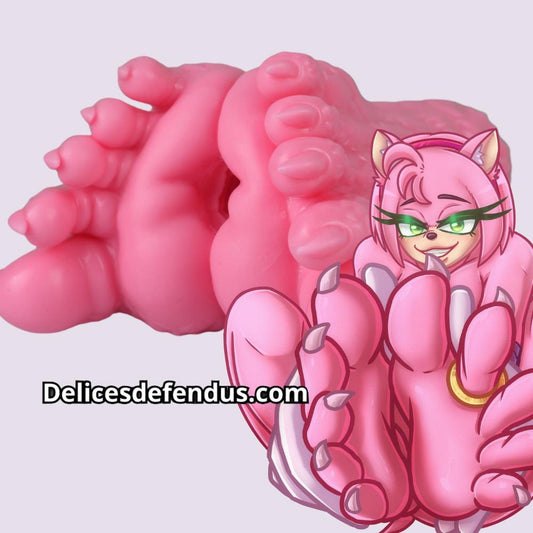 Extreme furry footjob sextoy inspired by Amy Rose from Sonic, detailed furry feet and paw pads in candy pink, fantasy onahole with tight hole for footjob lovers, perfect for furry footjob fans, foot fetishists, and yiff enthusiasts, featuring realistic furry paws and claws, ideal furry porn toy by Delicesdefendus for intense furry feet stimulation and feral footjob fantasies