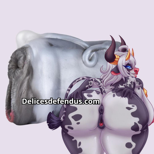 Hyper realistic feral cow onahole with anthro furry cow girl, extreme bovine pussy detail, furry sextoy inspired by farm creature, mare sextoy, feral fleshlight with anal and vaginal entries, furry cow porn sex toy from Delicesdefendus.com for yiff and bestial fans