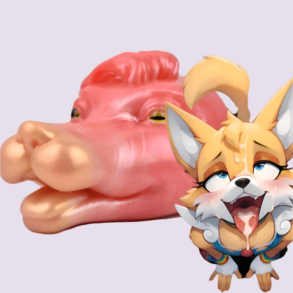 Fantasy furry fleshlight shaped like a fox’s head, with a textured orifice, ideal for yiff, hentai, feral, bestiality, and furry porn enthusiasts.