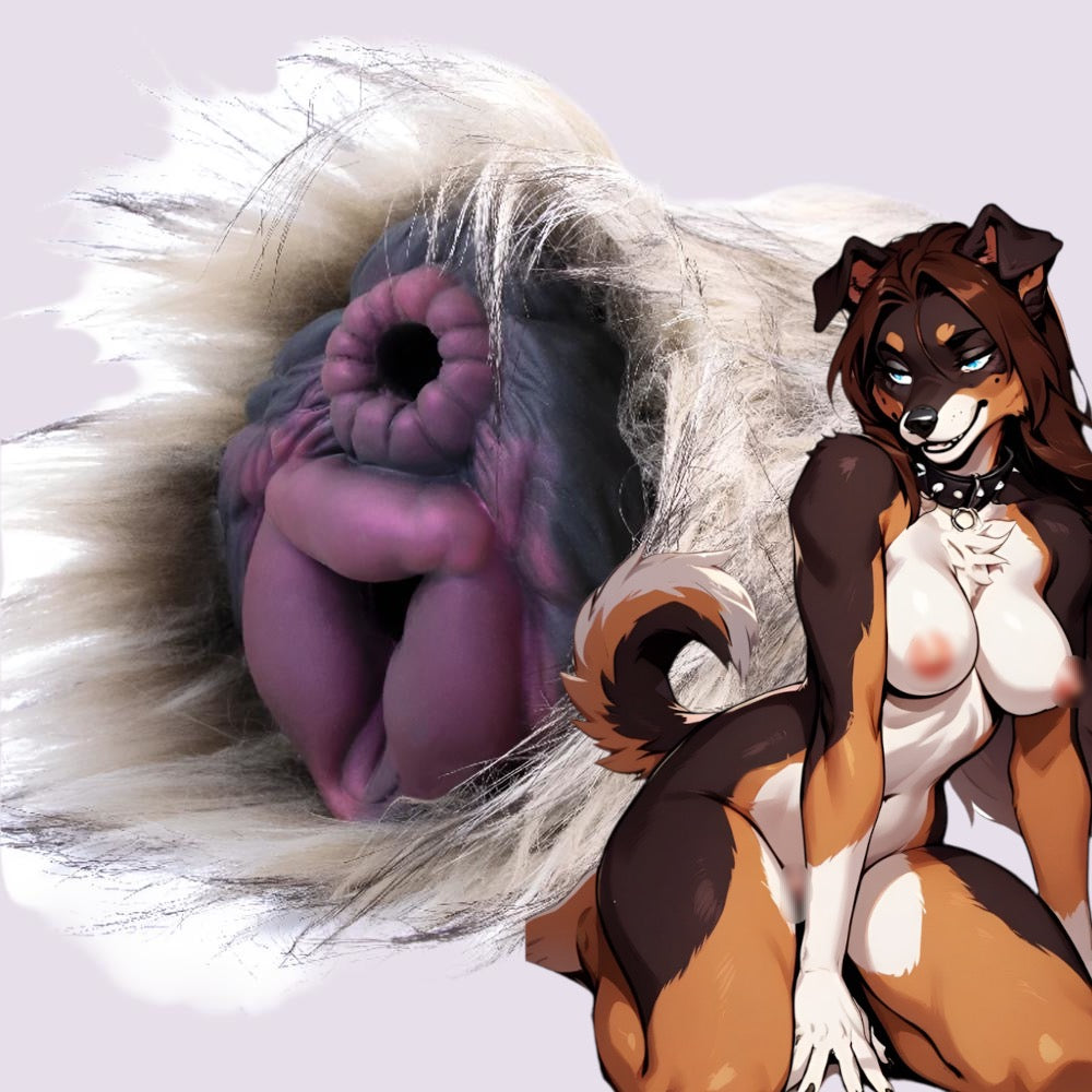 Furry Fleshlight Fantasy Masturbator Animal Stroker Feral inspired by a canine design with soft fur and dual textured openings, perfect for yiff and hentai enthusiasts