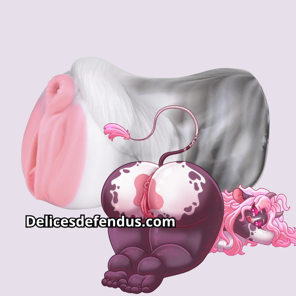 Fantasy furry cow masturbator Mélodie the Gourmande, with dual entries, textured vaginal and anal silicone toy for men, offering immersive pleasure experiences.
