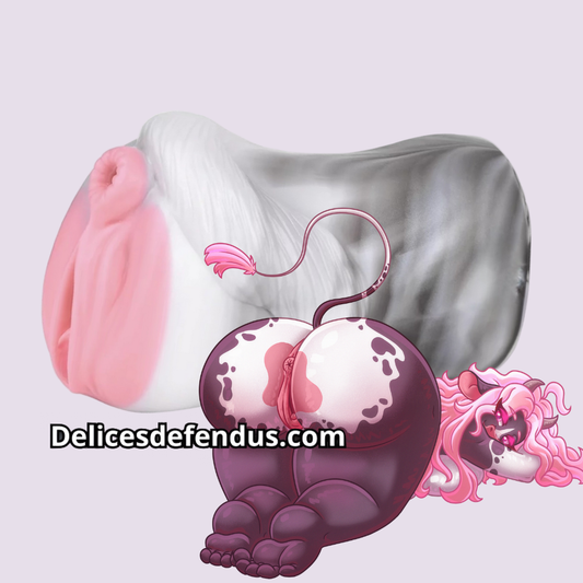 Fantasy furry cow masturbator Mélodie the Gourmande, with dual entries, textured vaginal and anal silicone toy for men, offering immersive pleasure experiences.