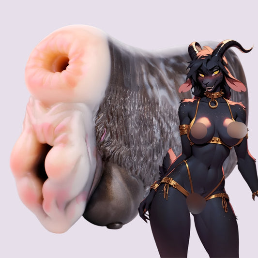 Fantasy furry goat masturbator Asmodée the Enchanting, with dual entries, textured vaginal and anal silicone toy for men, offering immersive pleasure experiences.