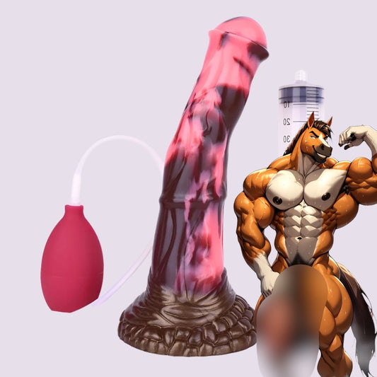 Horse Fantasy Dildo Ejaculator with realistic textures and a functional liquid release system, perfect for yiff, hentai, feral, and bestiality roleplay.