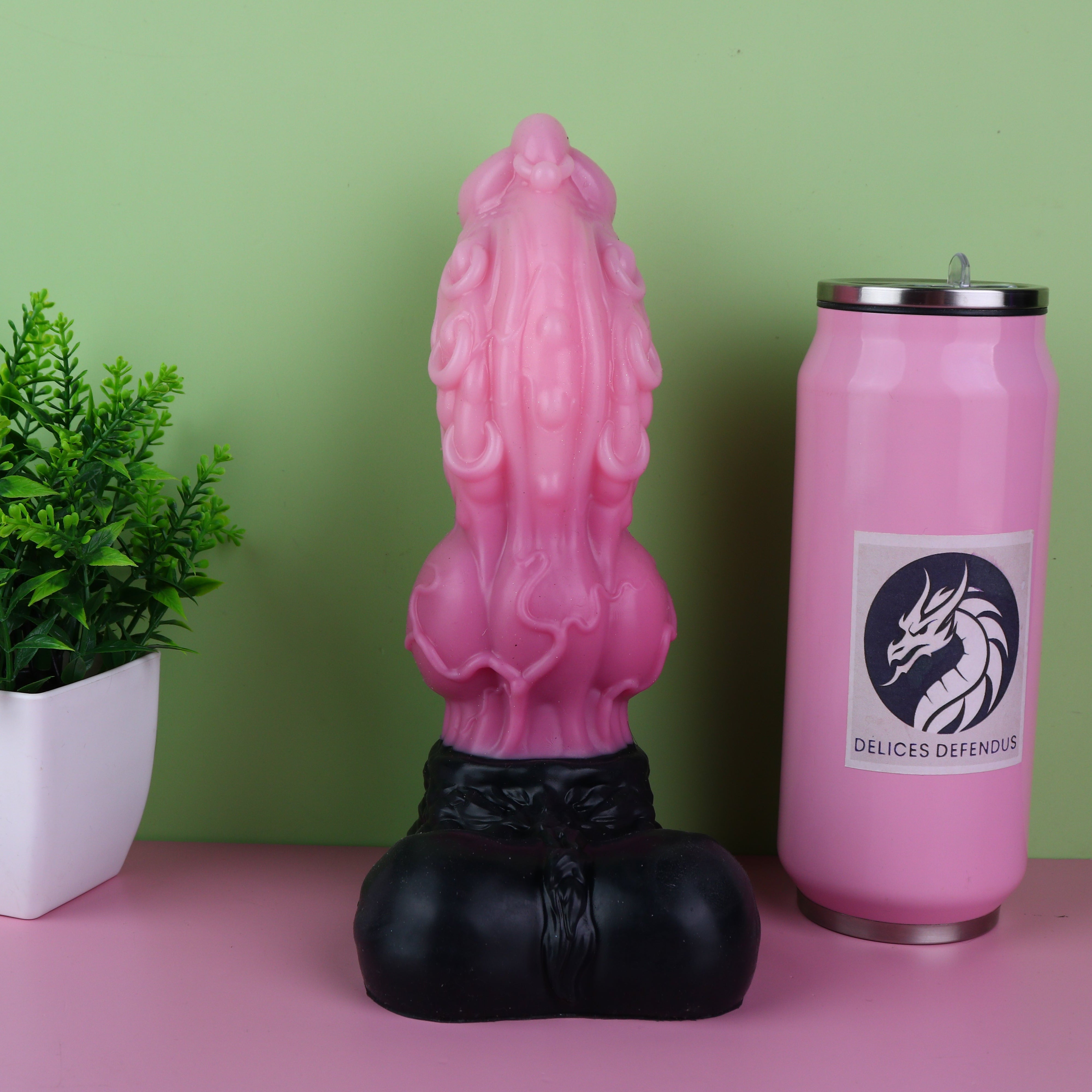 Side view Loona Helluva Boss futa canine penis dildo vibrant pink shaft adorned with stylish piercings generous knot black contrast premium platinum liquid silicone toy