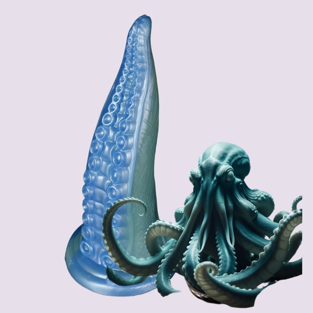 Fantasy Tentacle Dildo with intricate octopus-inspired suction cup details in a shimmering blue design, ideal for fans of deep-sea yiff, hentai, and fantasy roleplay